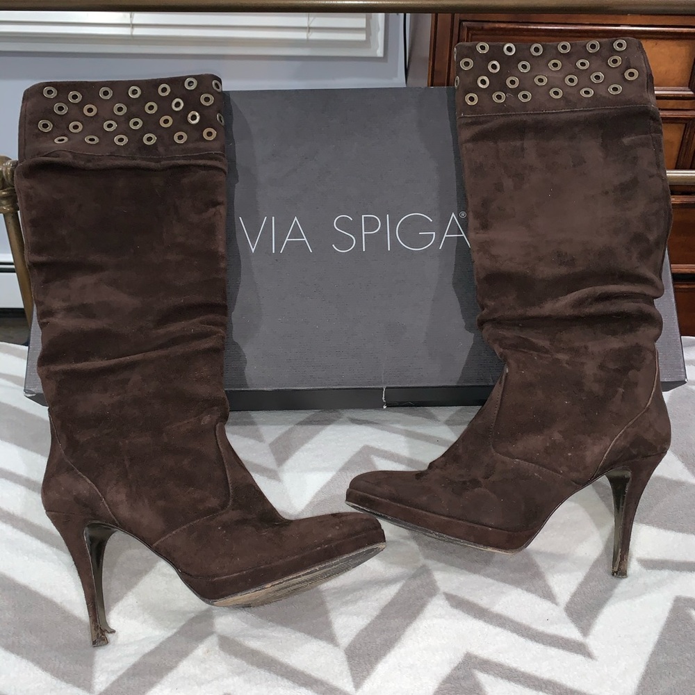 Brown Suede High Boot with Grommet Detail